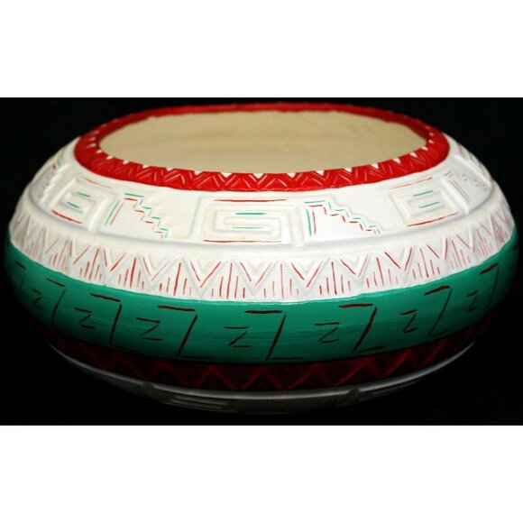 Hand Painted Ceramic Bowl Vase Indian Geometric White Green Red Striped Native - Picture 2 of 9